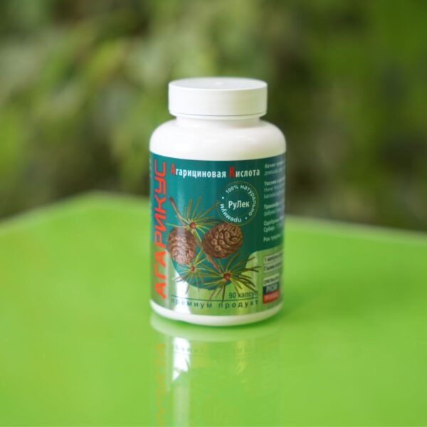 u fokusu je preparat agarikus, za čiščenje jetre od 90 kapsula, nalazi se na zelenom staklenom stolu