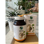 stvarni prikaz Biočage i pakovanja u kom ekstrakt medicinske gljive dolazi. Na preparatu se nalazi kašičica za lakše serviranje