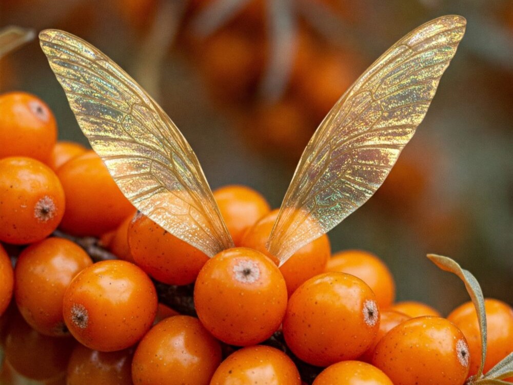 na slici se nalaze bobice pasjeg trna od kojih jedna bobica ima prikazana krila što simboliše zdravstvenu snagu bobice