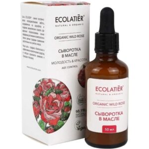 pakovanje sa vizualom ruže naspram koga je bočica sa pipetom za lako nanošenje anti age seruma za lice brenda Ecolatier, 50ml