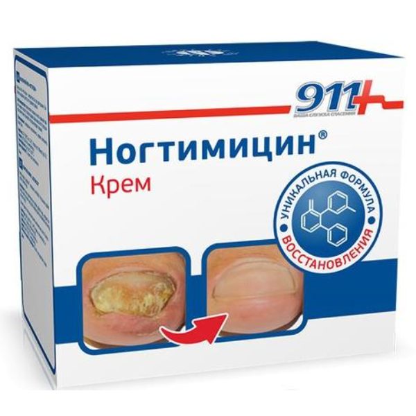 Nogtimicin-911-Krema-protiv-gljivica-na-noktima,-30ml. kutija nogtimicina sa vizuelnim prikazom nokta obolelog od gljivica i zdravog nokta za koju je krema i preporučena, 30ml
