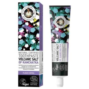 šareno-crno pakovanje paste za zube sa dodatkom kamčatske vulkanske soli od ruskog brenda recepti bake Agafije, 85g