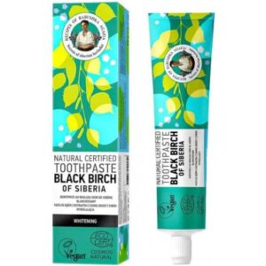 plavo-žuto pakovanje naspram tube paste za zube sa dodatkom sibirske crne breze proizvođača Recepti bake Agafije od 85g