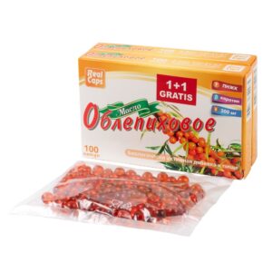 kutija ulja oblepihe (pasjeg trna) sa simbolom 1+1 gratis, koje se odnosi na drugu kutiju. Ispred su polegnute kapsule ulja.